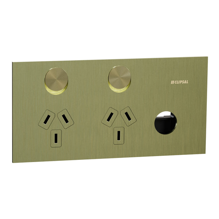 Clipsal Solis T Horizontal Double Powerpoint With Extra Switch Living Brass