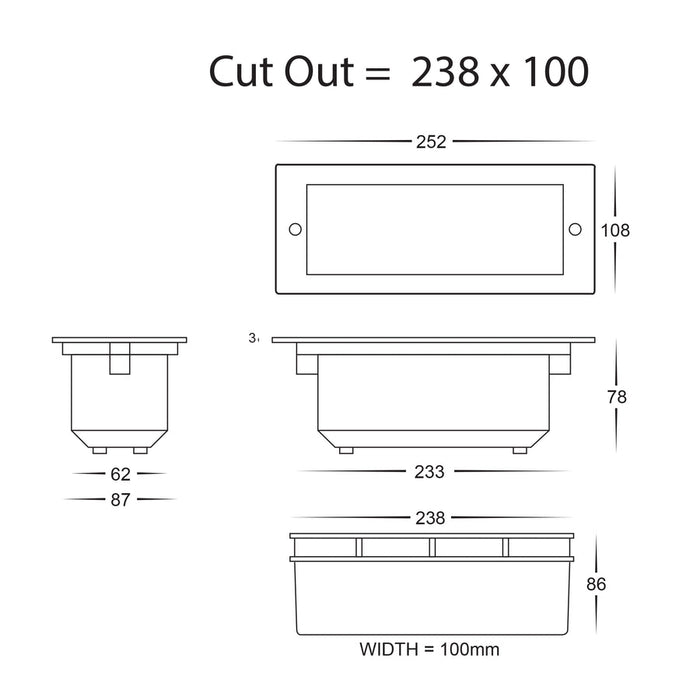 Bata Recessed TRI Colour 10W LED Brick Light With Plain Face Dimensions