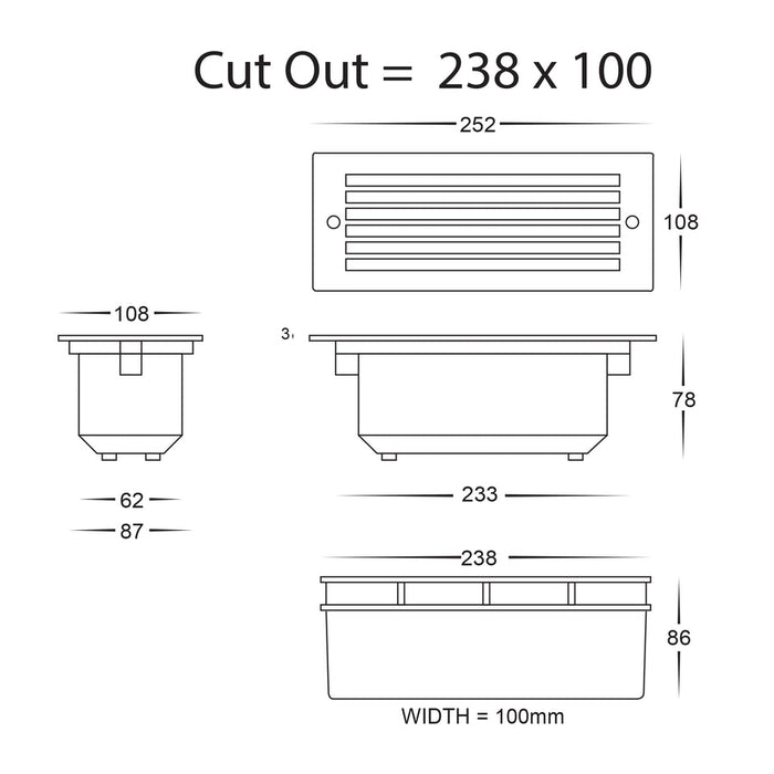 Bata Recessed TRI Colour LED Brick Light With Grill Cover Dimensions