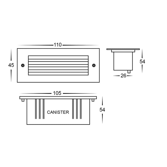 Bata Recessed TRI Colour 3W LED Brick Light With Grill Cover Dimensions